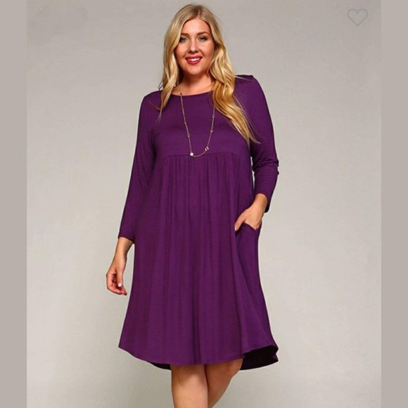 Glam Girl Fashion Dresses & Skirts - Plus Size 3/4 Sleeve Solid Jersey Babydoll Dress with Pockets in Plum